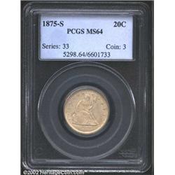 1875-S 20C MS64 PCGS. The obverse has dusky silver-gray patina, while the reverse is mostly brillian