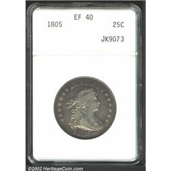 1805 25C XF40 ANACS. B-3, R.1. Lovely and original golden-brown patina, with some additional aqua-bl