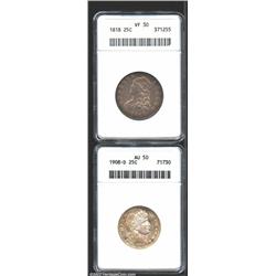 1818 25C VF30 ANACS, pleasingly original, the slate-gray centers give way to orange and blue tinged.