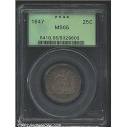 1847 25C MS65 PCGS. Briggs 3-C. Part of an errant 8 is embedded in the base of the rock above the se