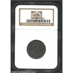 1849 25C AU58 NGC. Deep olive-maroon patina. Well struck on the portrait and stars, with a hint of s