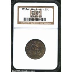 1853/4 25C Arrows and Rays MS62 NGC. FS-3. Rich mauve and green-gray patina. An early die state that