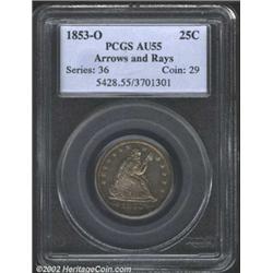 1853-O 25C Arrows and Rays AU55 PCGS. Very attractive, lustrous silver surfaces with a golden undert