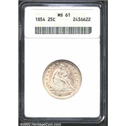 1854 25C Arrows MS61 ANACS. Light gray surfaces with some mottled golden-russet toning around the to