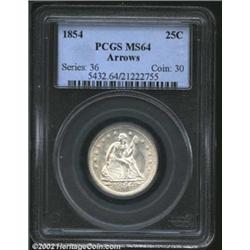 1854 25C Arrows MS64 PCGS. A perfect candidate for inclusion in a Choice quality type set, this coin