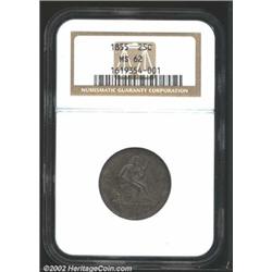 1855 25C Arrows MS62 NGC. A richly toned representative that has deep green-gray and orange-brown pa