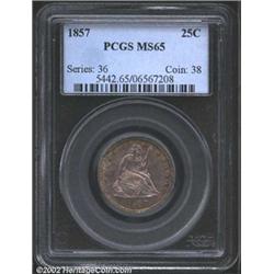 1857 25C MS65 PCGS. The 1857 is one of the more frequently encountered No Motto Quarters and is occa