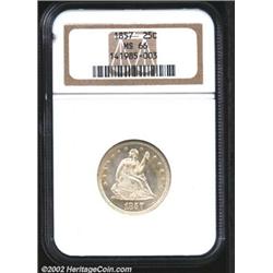 1857 25C MS66 NGC. Common in lower grades, the certified population of this P-mint Seated Quarter dr