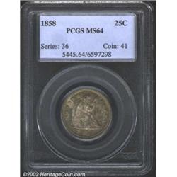 1858 25C MS64 PCGS. Sea-green, gold, and violet colors. The right side stars are not fully struck, b