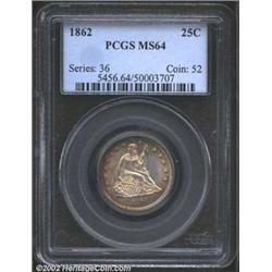 1862 25C MS64 PCGS. The peripheral tobacco-brown patina is particularly rich on the obverse. Well st