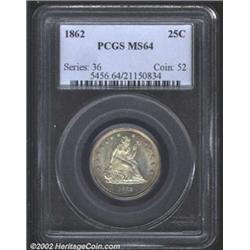 1862 25C MS64 PCGS. Slight crimson wash sits over the peripheries. There is some weakness in the sta