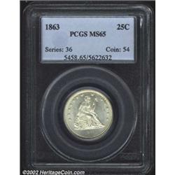 1863 25C MS65 PCGS. Briggs 1-A. The Philadelphia Mint's delivery of Seated Quarters dropped to a mer