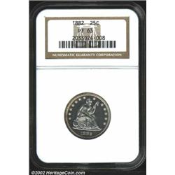 1882 25C PR63 NGC. Bright white surfaces that are deeply reflective. Some golden-russet toning by th