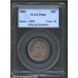 1885 25C PR64 PCGS. The obverse has lovely gold and champagne-violet patina, while the reverse displ