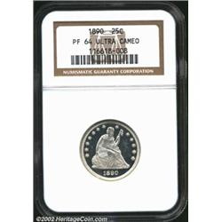 1890 25C PR64 Ultra Cameo NGC. The devices on both sides are exceptionally heavily frosted. Set atop