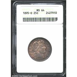 1895-O 25C MS64 ANACS. Rich smoky-champagne toning blankets both sides, there is a crescent of cobal