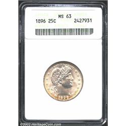 1896 25C MS63 ANACS. Otherwise untoned, the well frosted surfaces reveal a blush of orange-copper ir