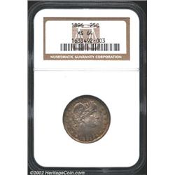 1896 25C MS64 NGC. Original sea-green, gold, and lilac patina. A well struck and lustrous near-Gem t