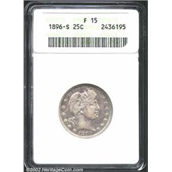 1896-S 25C Fine 15 ANACS. A slate-gray representative of this rare date. LIBERTY and E PLURIBUS UNUM