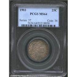 1903 25C MS64 PCGS. Lovely rose, gold, and aqua-green patina. A well struck near-Gem with good luste