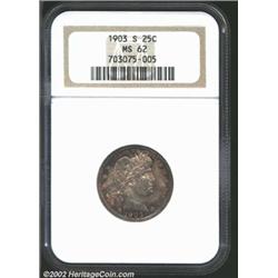 1903-S 25C MS62 NGC. Deep sea-green and maroon patina. A lustrous Quarter with a good strike and a f