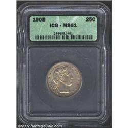 1905 25C MS61 ICG. Well defined with gold and russet and light abrasions consistent with the grade..