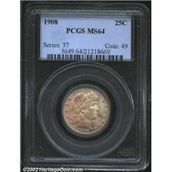 1908 25C MS64 PCGS. Dusky green-gray patina. A lustrous near-Gem with a clean obverse and a nearly p