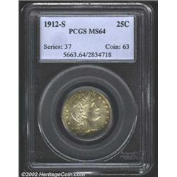 1912-S 25C MS64 PCGS. The deeply speckled yellow and russet patina is lighter at the centers than ne