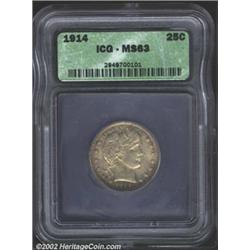 1914 25C MS63 ICG. Gold and russet patina with full underlying luster. Light facial marks limit the.