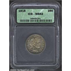1915 25C MS62 ICG. Well defined with mottled russet patina and light obverse hairlines. Important no