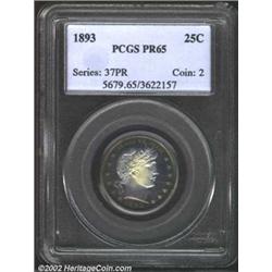1893 25C PR65 PCGS. Rich sea-green and concord-grape patina, with a window of brilliance on the port