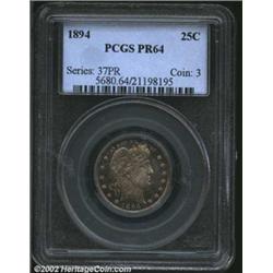 1894 25C PR64 PCGS. The mirrored fields flash through the splendid sea-green and lilac patina. A bol