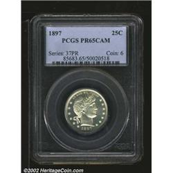 1897 25C PR65 Cameo PCGS. A well struck Gem that has light gold patina and a seemingly pristine reve