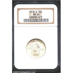 1918-S 25C MS66 NGC. The upper reverse has wispy tan-gold patina. A lustrous Gem with immaculately p