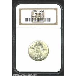 1919 25C MS66 NGC. Light yellow-gray patina. Well struck on the waist and shield, but with slight we