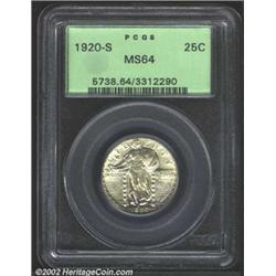 1920-S 25C MS64 PCGS. A lustrous near-Gem that has streaky pastel gold and violet patina. Carefully.