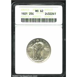 1921 25C MS62 ANACS. Faint apricot patina. The head is characteristically soft, and a few wispy abra