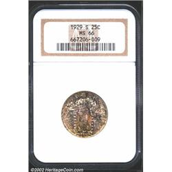 1929-S 25C MS66 NGC. The obverse has stunning speckled sea-green, rose, and yellow-green patina. The
