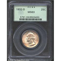 1932-D 25C MS63 PCGS. Pale steel surfaces with areas of russet and charcoal toning in localized area