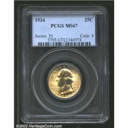 1934 25C MS67 PCGS. Both sides have bright yellow-green patina. A well struck and lustrous Superb Ge