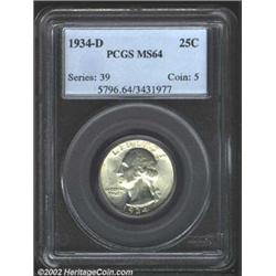 1934-D 25C MS64 PCGS. Lightly toned with wisps of russet patina. A lustrous and well struck near-Gem