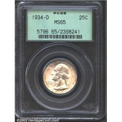 1934-D 25C MS65 PCGS. A lustrous Gem that has light lemon patina at the margins. The mintmark appear