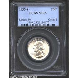 1935-S 25C MS65 PCGS. Lustrous with some very light powder blue overtones. Softly struck, with some.