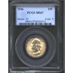 1936 25C MS67 PCGS. The borders have hints of golden-brown color, while the centers have light green