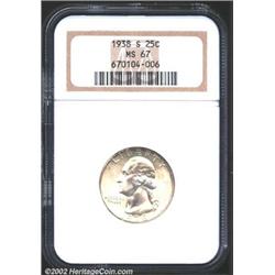 1938-S 25C MS67 NGC. A lightly toned and lustrous Superb Gem with virtually unimprovable surfaces. W
