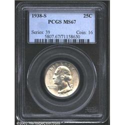 1938-S 25C MS67 PCGS. A brilliant and lustrous Superb Gem that has essentially pristine surfaces. We