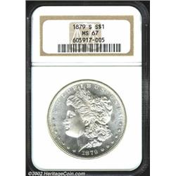 1879-S S$1 MS67 NGC. A flashy Superb Gem that has a bold strike and remarkably pristine fields. Ligh
