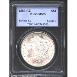 1880-CC S$1 MS65 PCGS. Brilliant and lustrous with nearly pristine fields. There is a faint dash bel