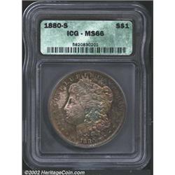 1880-S S$1 MS66 ICG. Dense sea-green and blue-violet patina. A lustrous Gem with a razor-sharp strik