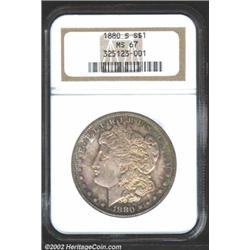 1880-S S$1 MS67 NGC. Whereas many extant '80-S Dollars are untoned, this is a multicolored Superb Ge